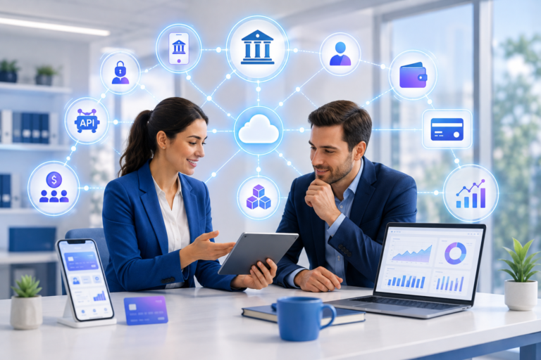 Two finance professionals reviewing a fintech ecosystem with digital banking, API, cloud, payments, and analytics icons