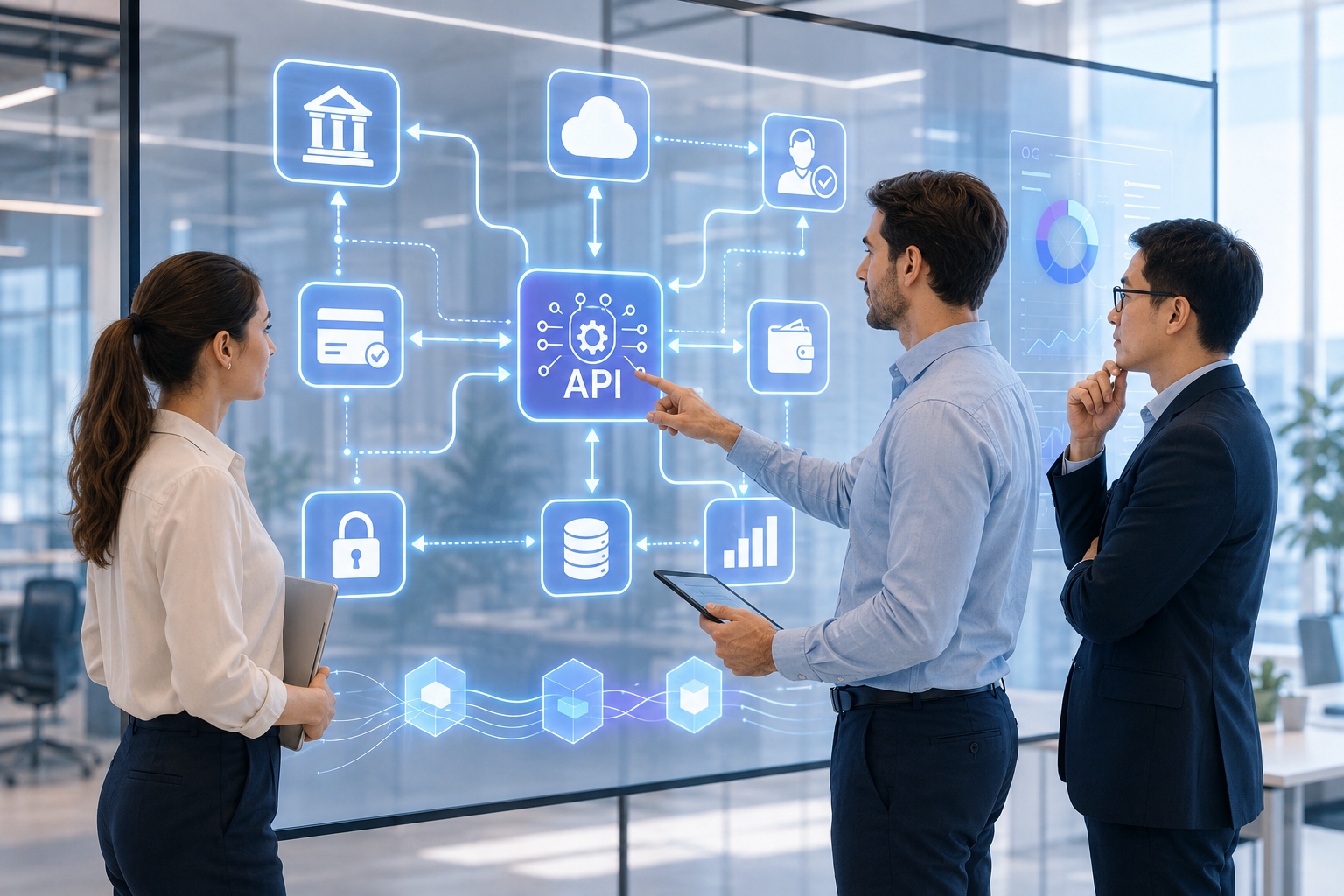 Fintech professionals mapping API connections between banking, cloud, payments, security, identity, and data systems