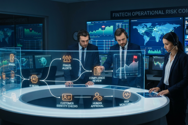 Fintech professionals monitoring AI systems for fraud detection, compliance, onboarding, customer support, and financial risk