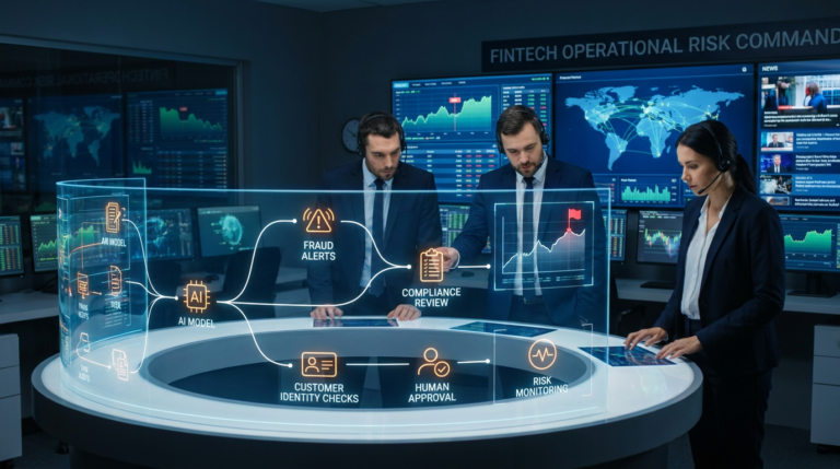 Fintech professionals monitoring AI systems for fraud detection, compliance, onboarding, customer support, and financial risk