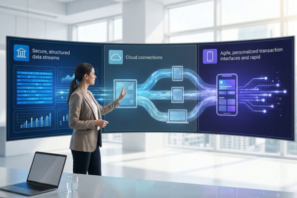 Comparison of a traditional bank, digital bank, and neobank with mobile banking, branch, and online finance elements