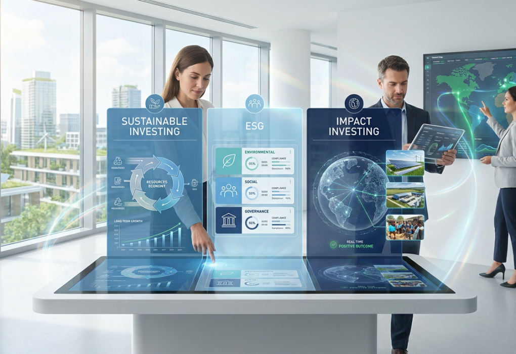 Sustainable investing comparison showing ESG analysis, socially responsible investing, green themes, and measurable impact