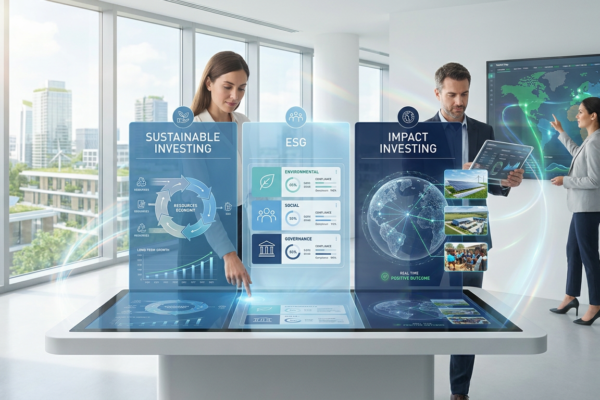 Sustainable investing comparison showing ESG analysis, socially responsible investing, green themes, and measurable impact
