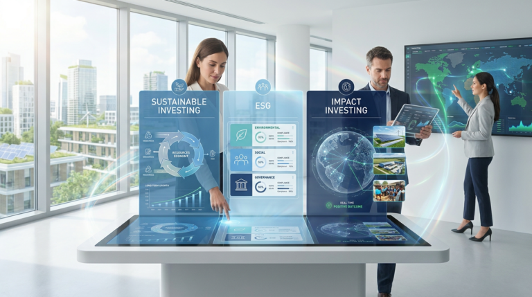 Sustainable investing comparison showing ESG analysis, socially responsible investing, green themes, and measurable impact