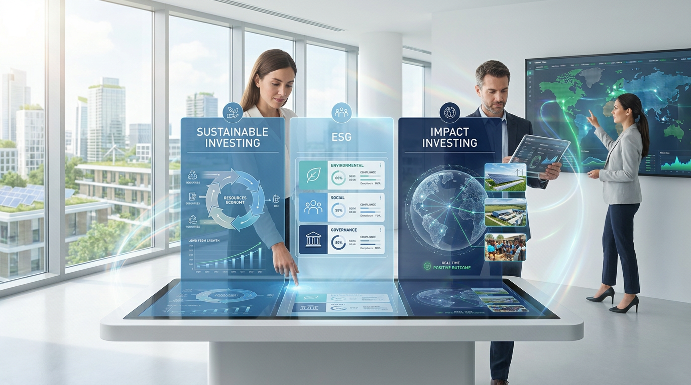 Sustainable investing comparison showing ESG analysis, socially responsible investing, green themes, and measurable impact