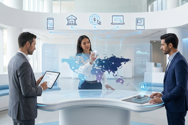 Customer moving between mobile banking, web banking, branch support, and contact center channels in one connected banking journey