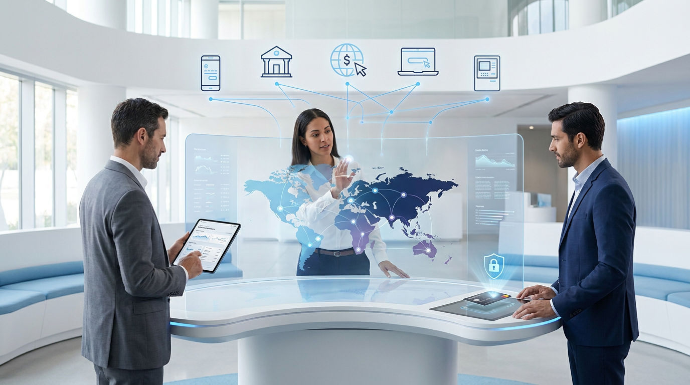Customer moving between mobile banking, web banking, branch support, and contact center channels in one connected banking journey