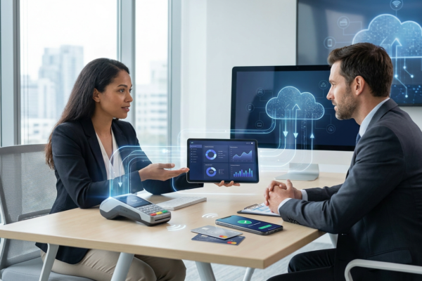 Small business owner comparing payment processing fees, settlement times, security, and provider options