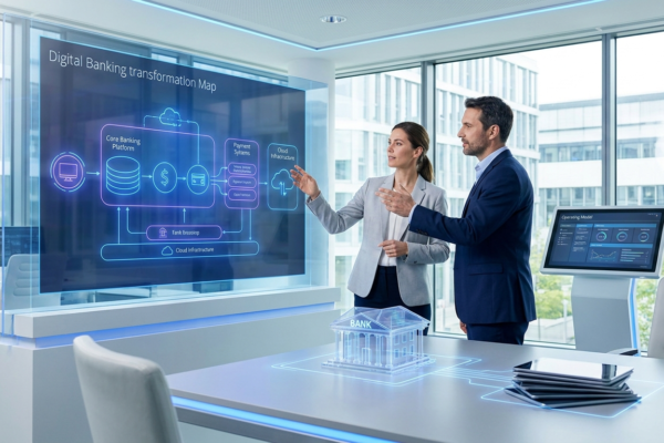 Banking professionals reviewing digital transformation across core systems, cloud infrastructure, data, and customer services