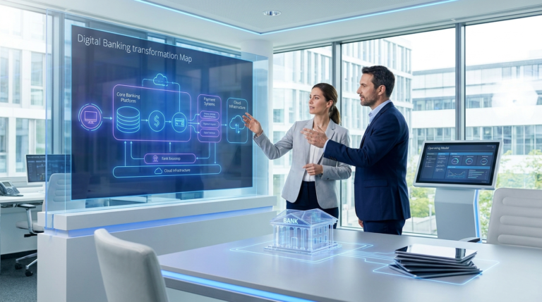 Banking professionals reviewing digital transformation across core systems, cloud infrastructure, data, and customer services