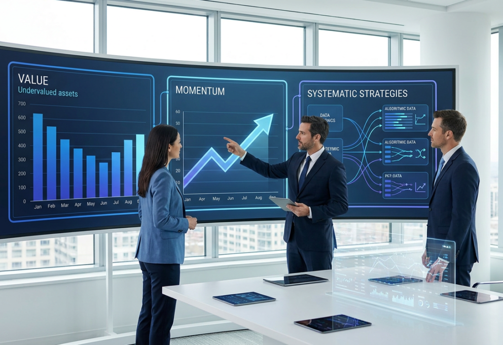 Factor investing strategy comparing value, momentum, size, quality, and low-volatility stock characteristics