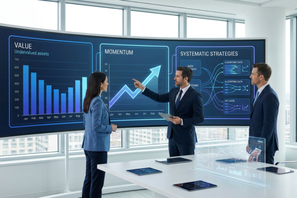Factor investing strategy comparing value, momentum, size, quality, and low-volatility stock characteristics