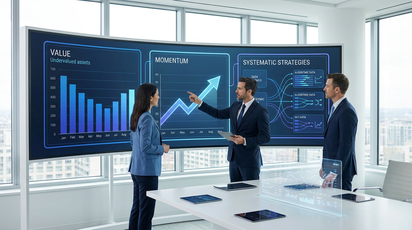 Factor investing strategy comparing value, momentum, size, quality, and low-volatility stock characteristics
